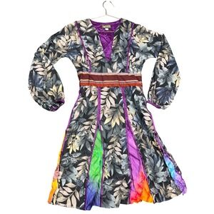 Tracy Feith Botanical Leaf Print Rainbow Godet Cotton Midi Dress Black Size 1